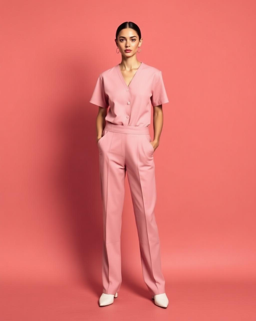 Model wearing tonal blush Reynova scrubs against a rose studio backdrop